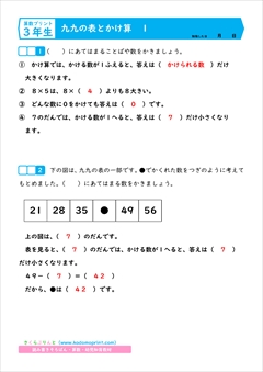 算数プリント３年生　九九の表とかけ算